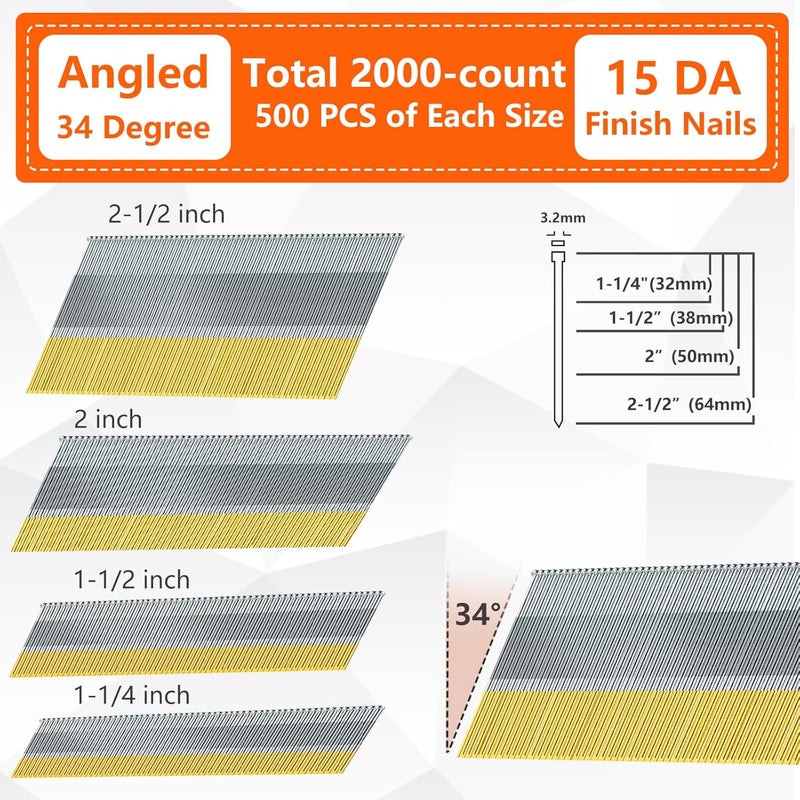 SITLDY 15 Gauge DA Angled Finish Nails, 34-Degree, 2000-Pack (2-1/2", 2", 1-1/2“, 1-1/4" 500 Per Sizes), Galvanized Assorted Size Project Pack, for Pneumatic, Electric Angled Finish Nailer - Image 2